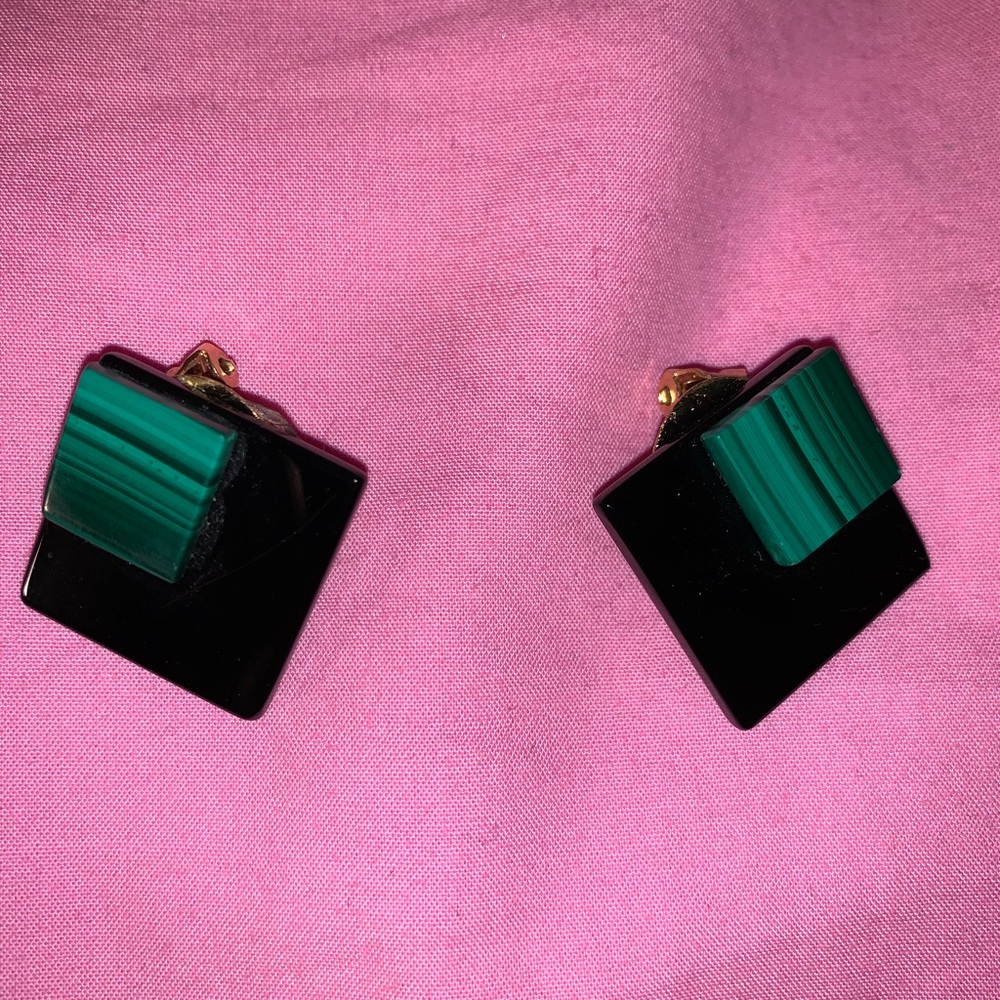 clip on black and green square earrings